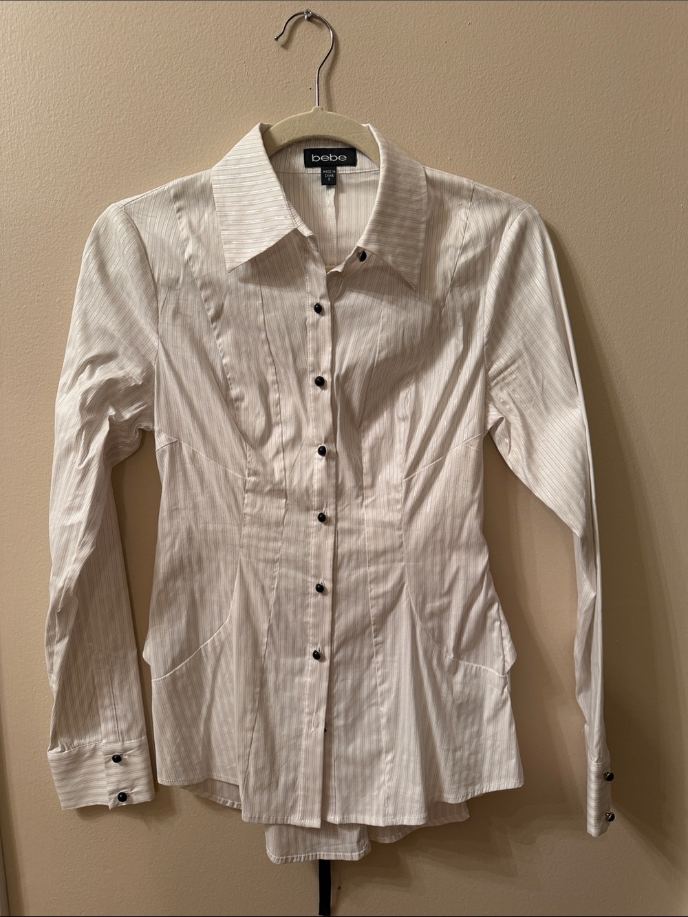 bebe Cream Pinstripe Button-Down Shirt tie back